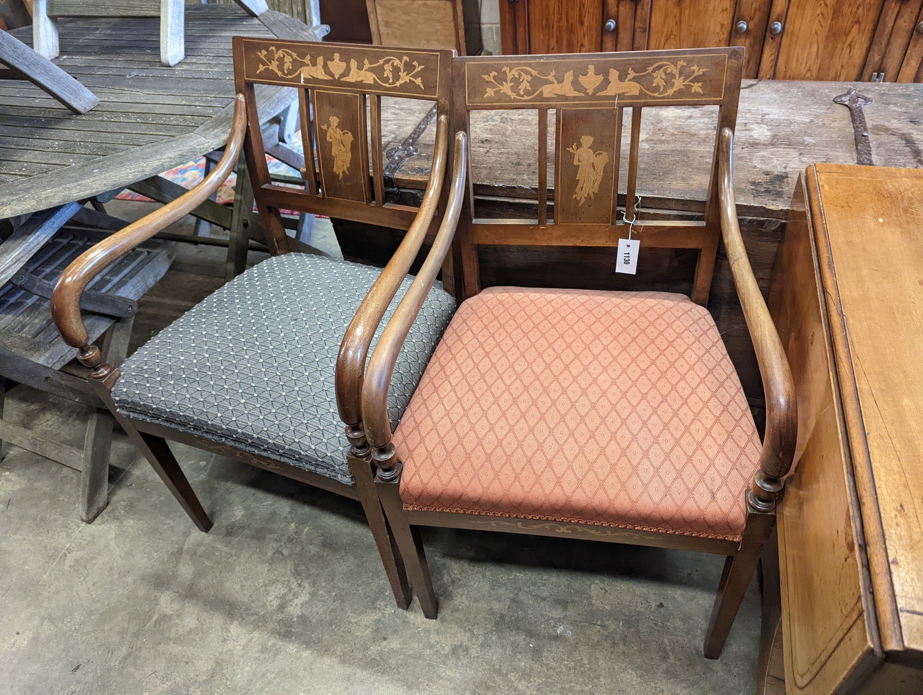 A pair of 19th century Danish marquetry inlaid mahogany desk chairs, width 55cm, depth 48cm, height 89cm